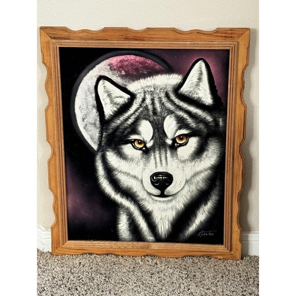 Other - Vintage Oil Painting on Velvet Wolf Mexican Folk Art Velvet Artwork SIGNED 25x19